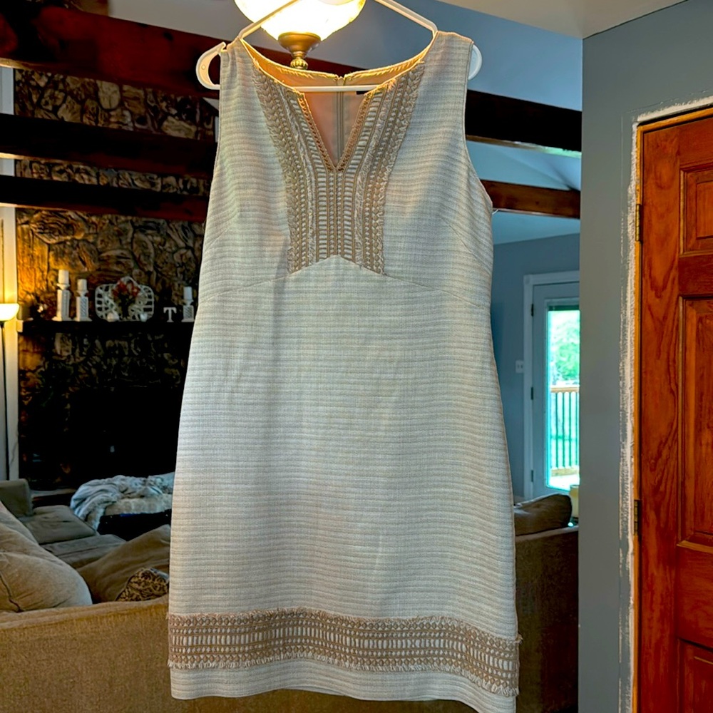 Sleeveless tan and cream linen dress